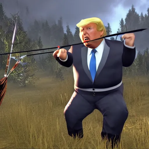 Image similar to fat Donald trump as a Skyrim character with an arrow shot through his knee