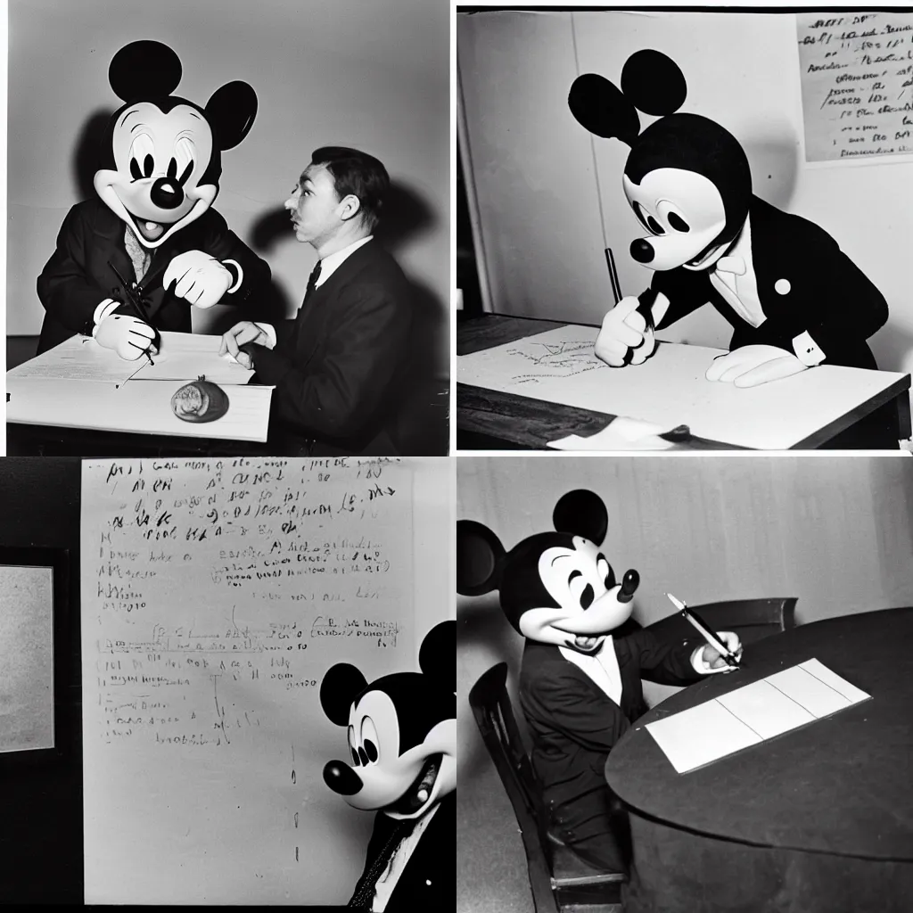 Prompt: Mickey Mouse writing a proof on a board during a confernce, black and white photography, archives de l'IHES