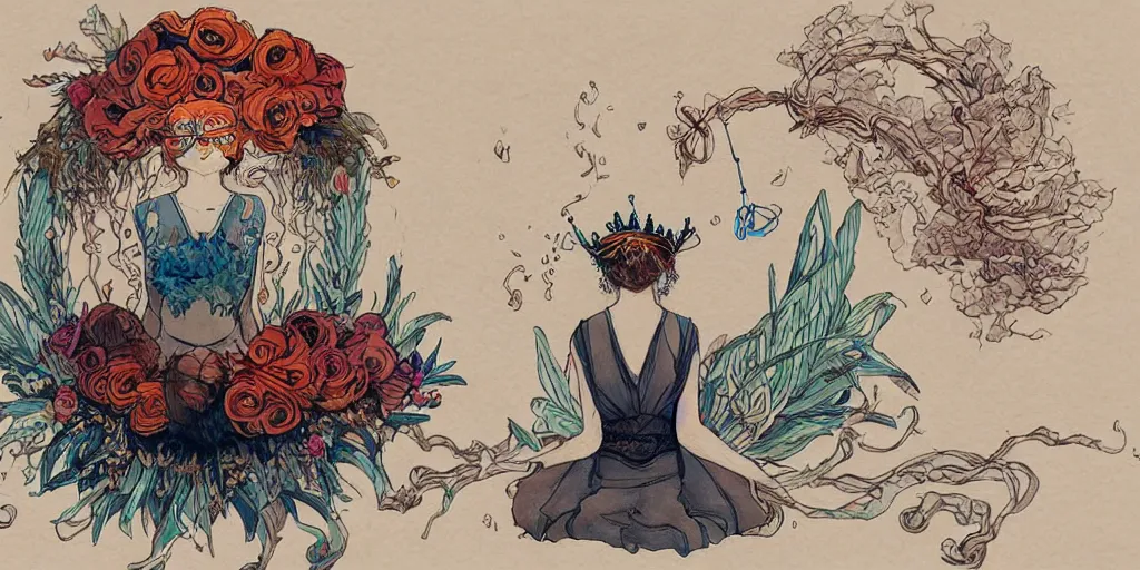 Prompt: a woman levitating above water, with a glowing crown above her head and an ikebana flower arrangement illustration by chiara bautista, milk, logyu, ilka