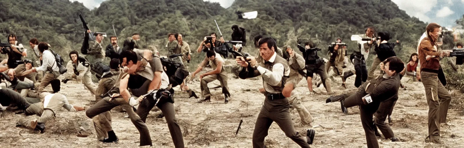 Prompt: Still from the 1969 movie James Bond Battle Royale - art direction by moebius hq production still technicolor