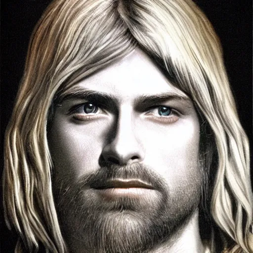 Image similar to Kurt Cobain as Jesus Christ, hyperrealism, detailed portrait