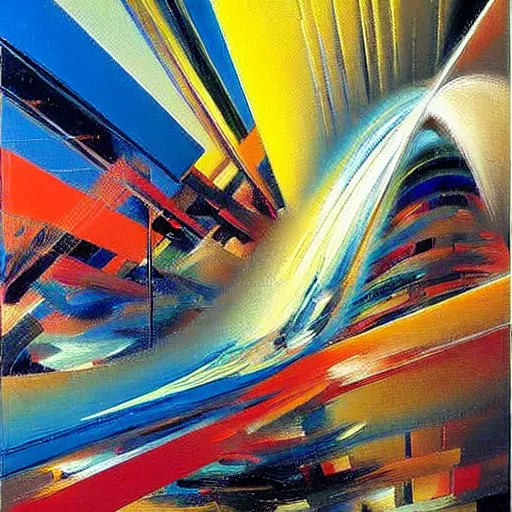 Image similar to abstract art representing momentum, oil painting by john berkey and gabriel dawe, masterwork