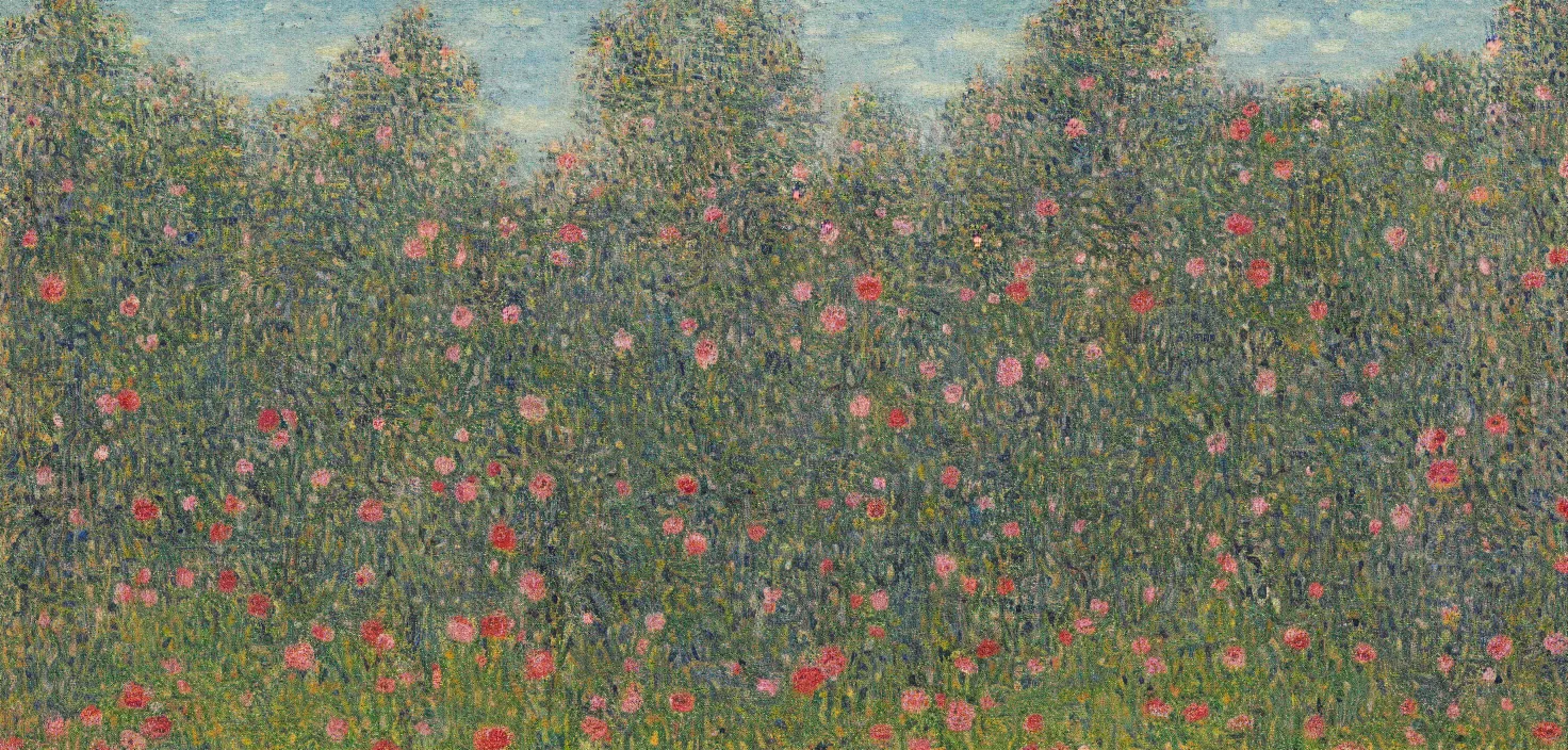 Prompt: epic highly detailed landscape painting of Huge flowers growing on tree trunks and holes in buildings, Gustave Loiseau