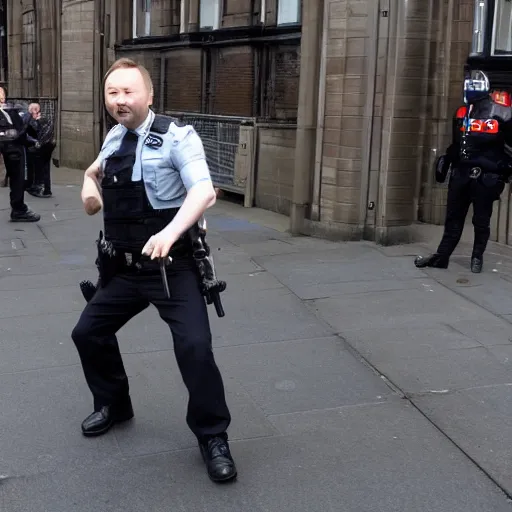 Prompt: Limmy as solid snake ballooning a policeman in Glasgow.
