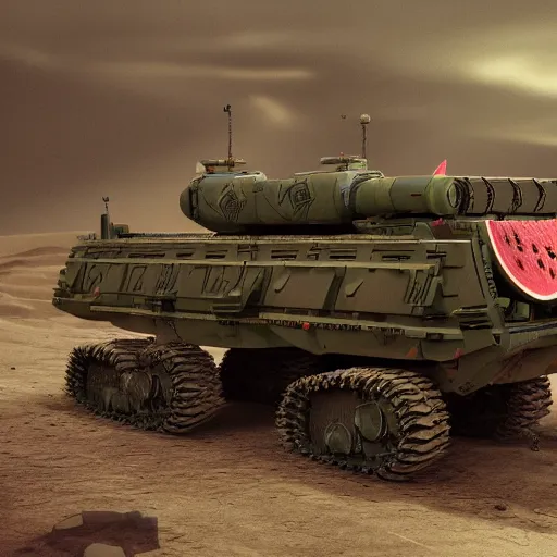 Prompt: Very very very very highly detailed sci-fi Watermelon HIMARS warmachine. photoealistic Concept 3D digital art rendered in Highly Octane Render in style of Hiromasa Ogura Gost in the shell, more Watermelon a lot less HIMARS warmachine, epic dimensional light