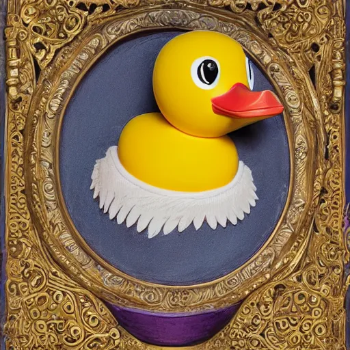 Prompt: a matte portrait of a highly decorated rubber duck with a dreamy expression, highly detailed, illustration in renaissance style