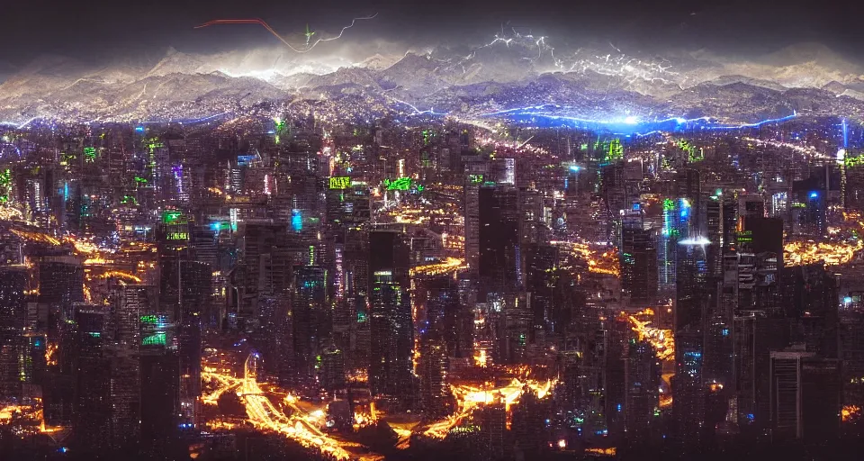 Prompt: alien invasion to santiago de chile, lights, high detail, cyberpunk, dream