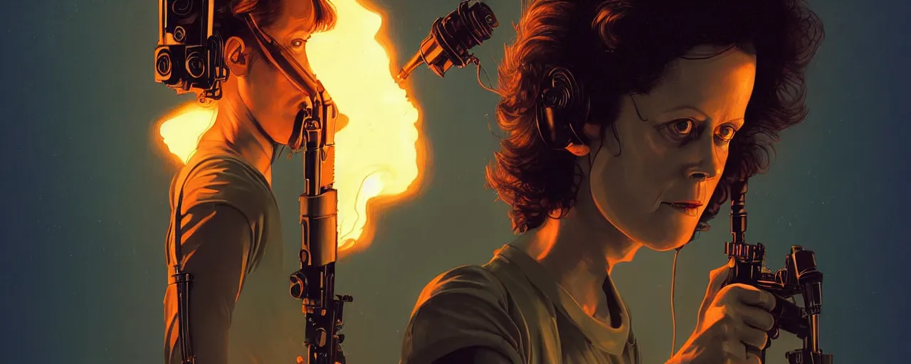 Prompt: duotone dark concept illustration 3 / 4 portrait of young sigourney weaver as ellen ripley with flame thrower. cinematic volumentric lighting space. golden ratio accidental renaissance. by sachin teng and sergey kolesov and ruan jia and heng z. graffiti art, scifi, fantasy, hyper detailed. octane render. concept art. trending on artstation