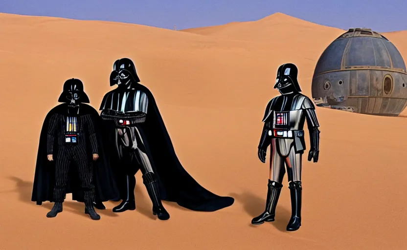 Prompt: ''Darth Vader and Mickey mouse at Tatooine, sand, tatooine, ship, dunes''