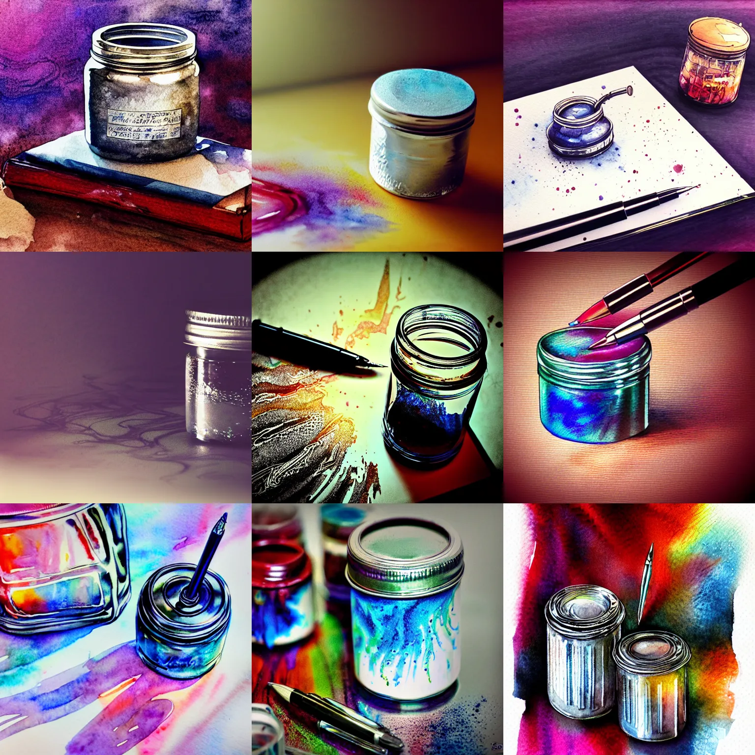 Prompt: airbrush of technical pen and sealed canning jar of swirling ink shimmering on a desk, dramatic afternoon lighting, intense watercolor, heavy metal, tilt shift, photo realistic, by moebius