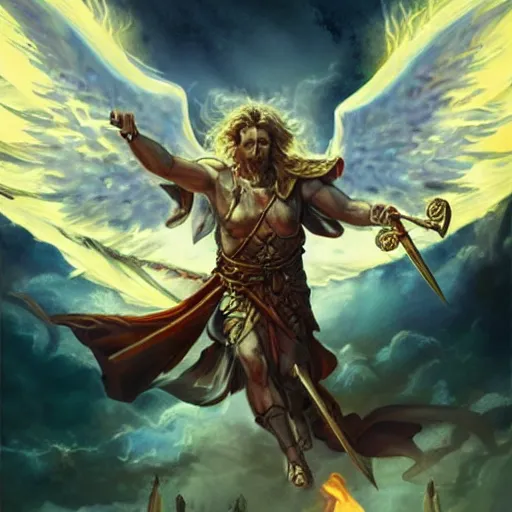Image similar to biblically accurate angel, epic propaganda poster, holding a flaming sword, strength, health, confidence, in the style of magic the gathering cart art, hypermasculine, ancient soldier, flying in the sky