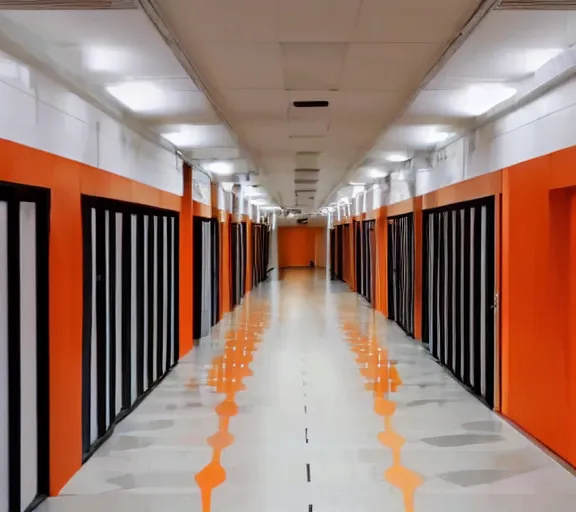 Prompt: fancy corridor with orange walls and white tile floor. black bench on the left. tv hanging in the right upper corner. end of the corridor is dark and hard to see.