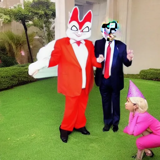 Prompt: paparazzi photo Donald Trump cosplay as Bugs Bunny! spying on children at a birthday party, high quality, good lighting, masterpiece, beautiful beautiful beautiful beautiful beautiful