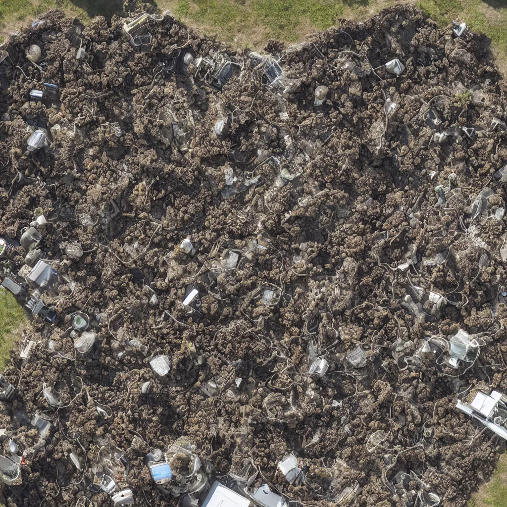 Prompt: an aerial view of a mass grave in slime with tangled bodies, datacenter computers and pipes