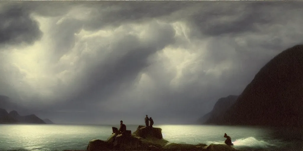 Prompt: a princess, big monster on the horizon, snowy fjord, storm clouds, dramatic lighting, hudson river school, afternoon