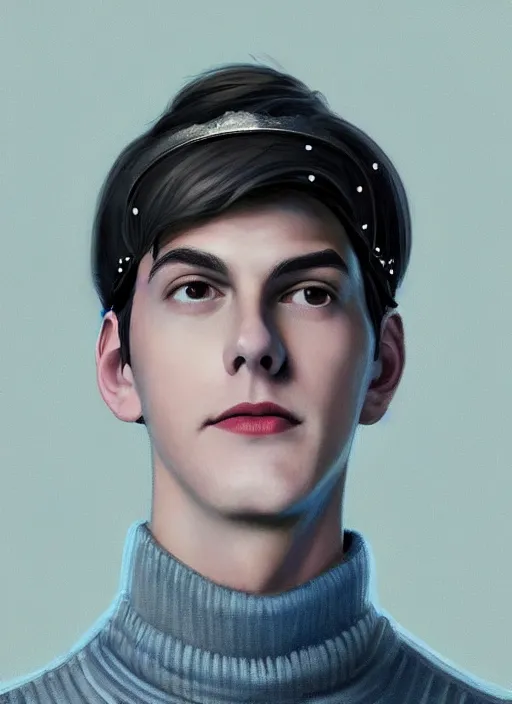 Image similar to portrait of teenage jughead jones wearing a light grey crown, crown, blue turtleneck, 1 9 5 0 s, closed eyes, photorealistic, black hair, glowing lighting, intricate, elegant, glowing lights, highly detailed, digital painting, artstation, concept art, smooth, sharp focus, illustration, art by wlop, mars ravelo and greg rutkowski