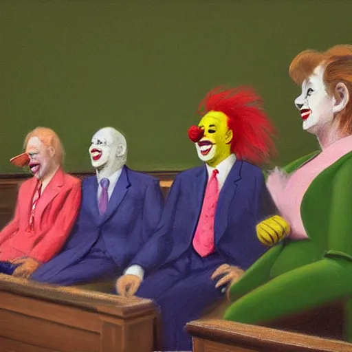 Image similar to a highly detailed beautiful portrait close up hyper realistic photograph of british members of parliament in the house of commons wearing pastel coloured clown costumes with pleasant oversized joyful faces, they are smoking. in the style of edward hopper, richard hamilton. concept art. green leather benches. photographic. concept. crisp digital art. no artefacts. desaturated. high fidelity facial portrait. 8 k