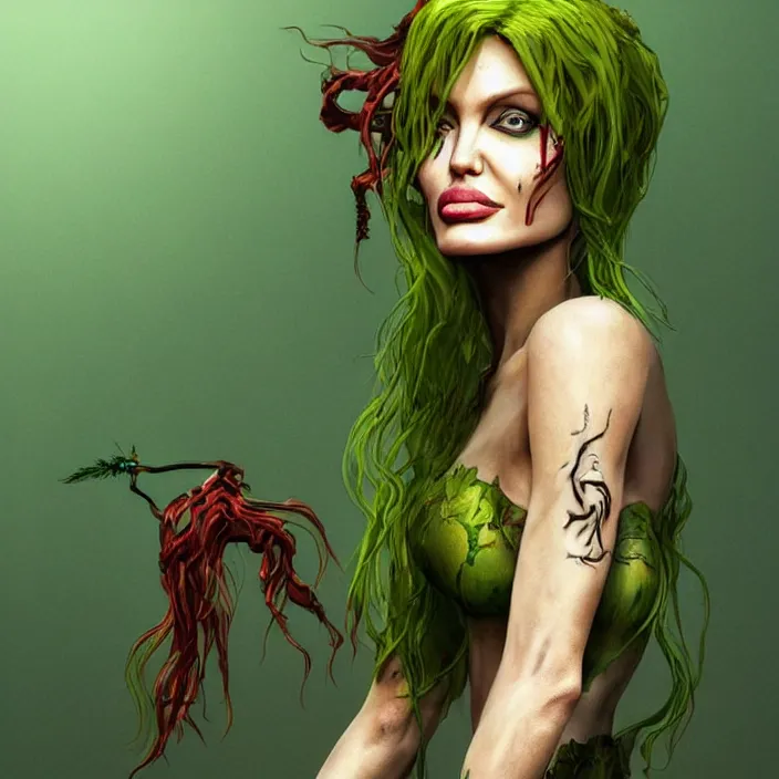 Prompt: portrait of Angelina Jolie as Poison Ivy. intricate abstract. intricate artwork. by Tooth Wu, wlop, beeple, dan mumford. octane render, trending on artstation, greg rutkowski very coherent symmetrical artwork. cinematic, hyper realism, high detail, octane render, 8k, iridescent accents