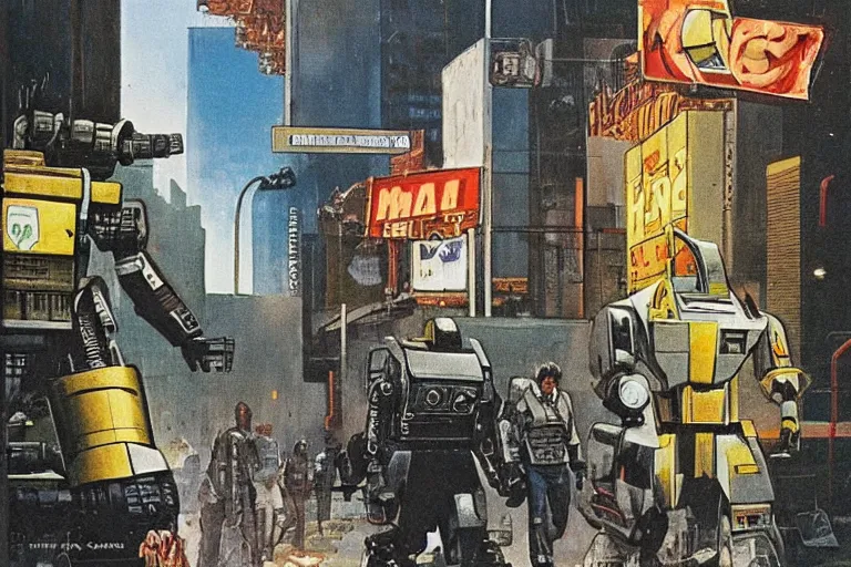 Image similar to 1 9 7 9 science fiction depicting mechwarrior walking at street level in with beautiful scenery. art by tim conrad and vic bonilla