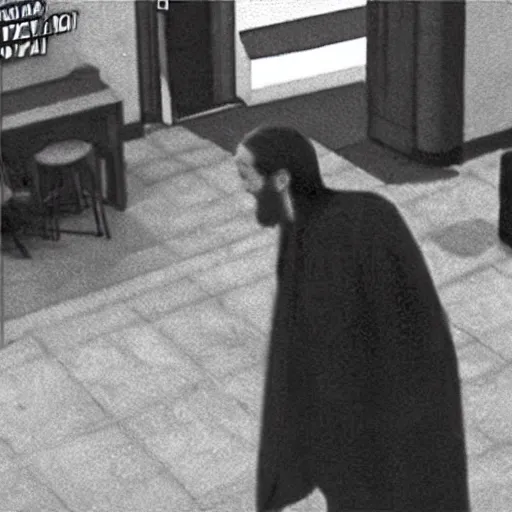 Prompt: cctv footage of jesus robbing a bank