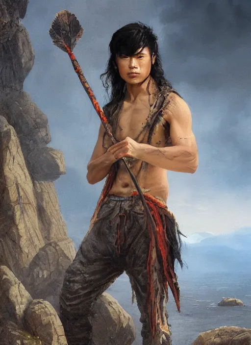 Prompt: a young asian man with tanned skin and long wavy black hair. he has an intense expression, is wearing a tattered vest and trousers and holding a spear. he is standing in a rocky chasm. fantasy portrait painting by greg rutkowski and raymond swanland
