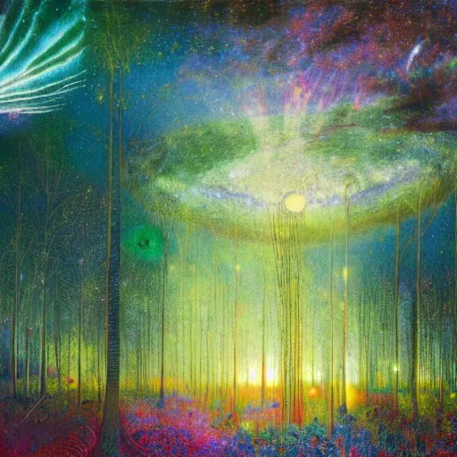 Image similar to psychedelic lush pine forest, outer space, milky way, amber eyes cat eyes designed by arnold bocklin, jules bastien - lepage, tarsila do amaral, wayne barlowe and gustave baumann, cheval michael, trending on artstation, star, sharp focus, colorful refracted sparkles and lines, soft light, 8 k 4 k