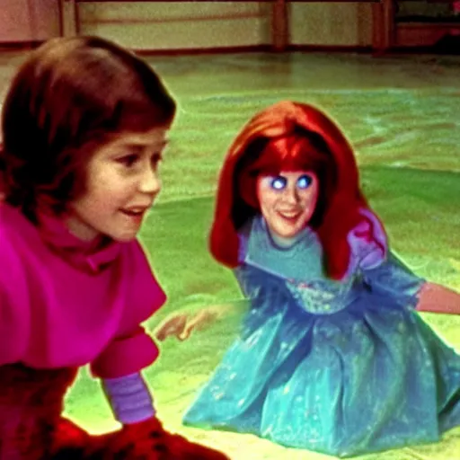 Image similar to still from 1977 live-action children's tv show about a disney princess who enters an eyeball cult color