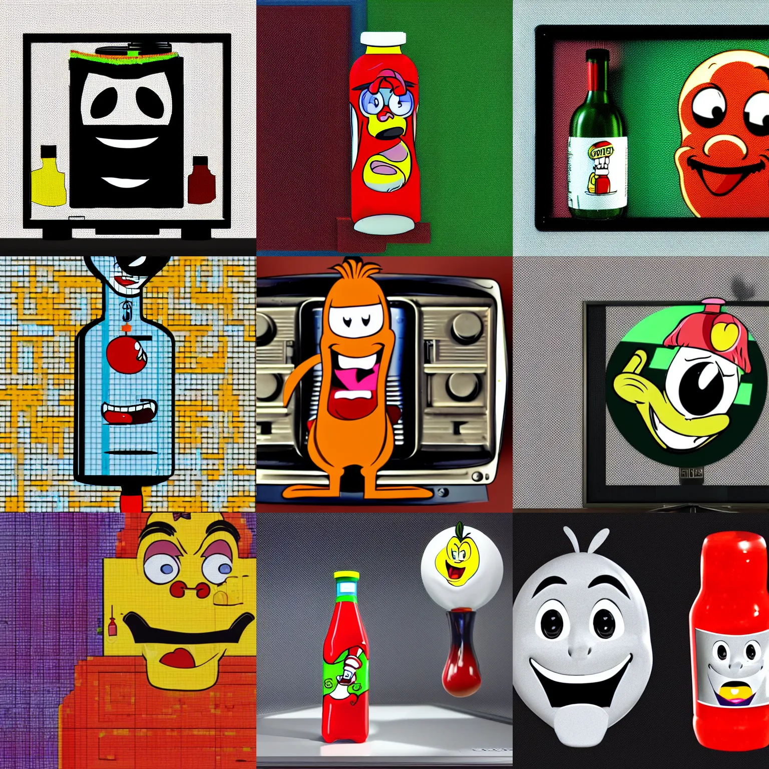 Prompt: A bottle of ketchup with a smiling face as one block, Looney Tunes character, anime, 3d rendered on an old TV screen, scan lines, 4k, TV show from the eighties