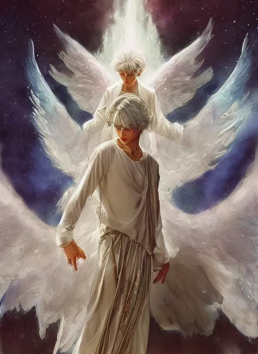 Image similar to harmony of white haired angel yoongi wearing greek clothes, muted colors, sparkles everywhere, big wings, dynamic hair movement, dynamic pose, holographic space, glowing effect, j. c leyendecker, by alan lee, wlop! illustrated by starember, fantasy art by craig mullins