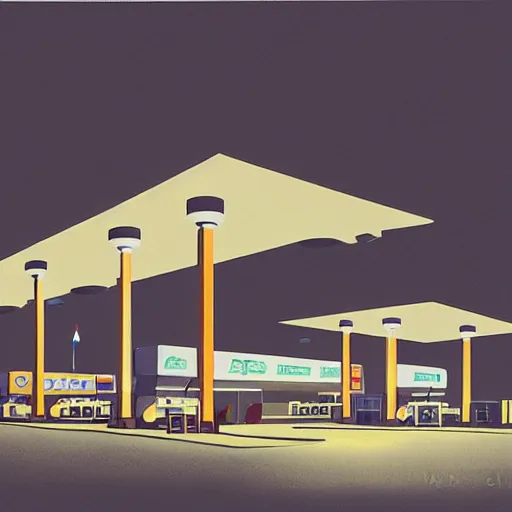 Image similar to a matte painting of a gas station at night by james gilleard, emiliano ponzi, george ault, bauhaus, retrofuturism, concept art, matte background, matte drawing