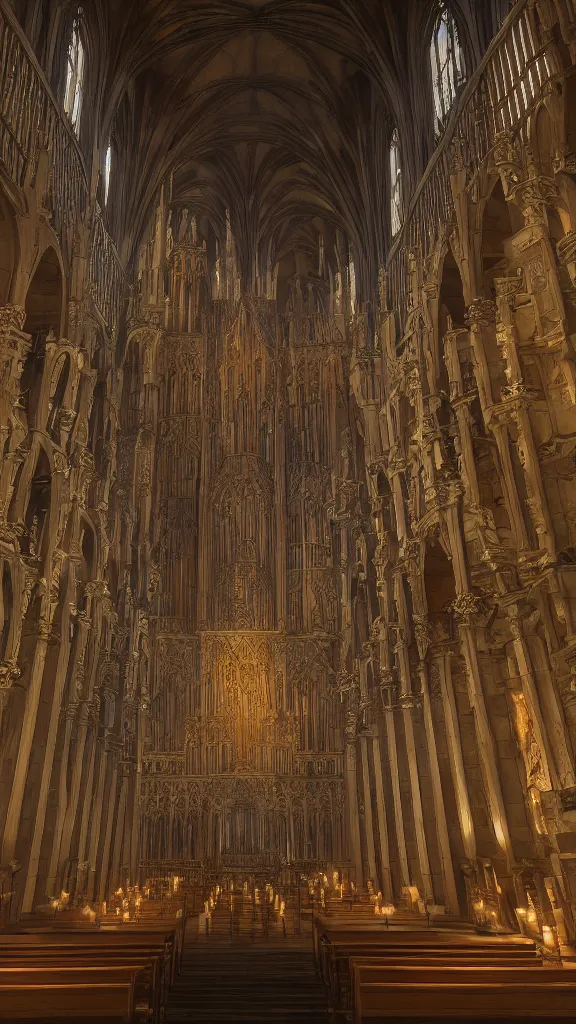 Image similar to a complex ancient pipe organ cathedral interior, 4 k, stone pews, torches, lighting, unreal engine 5 render, natural color scheme, architectural photography, f 3 2, style of alan lee and john howe