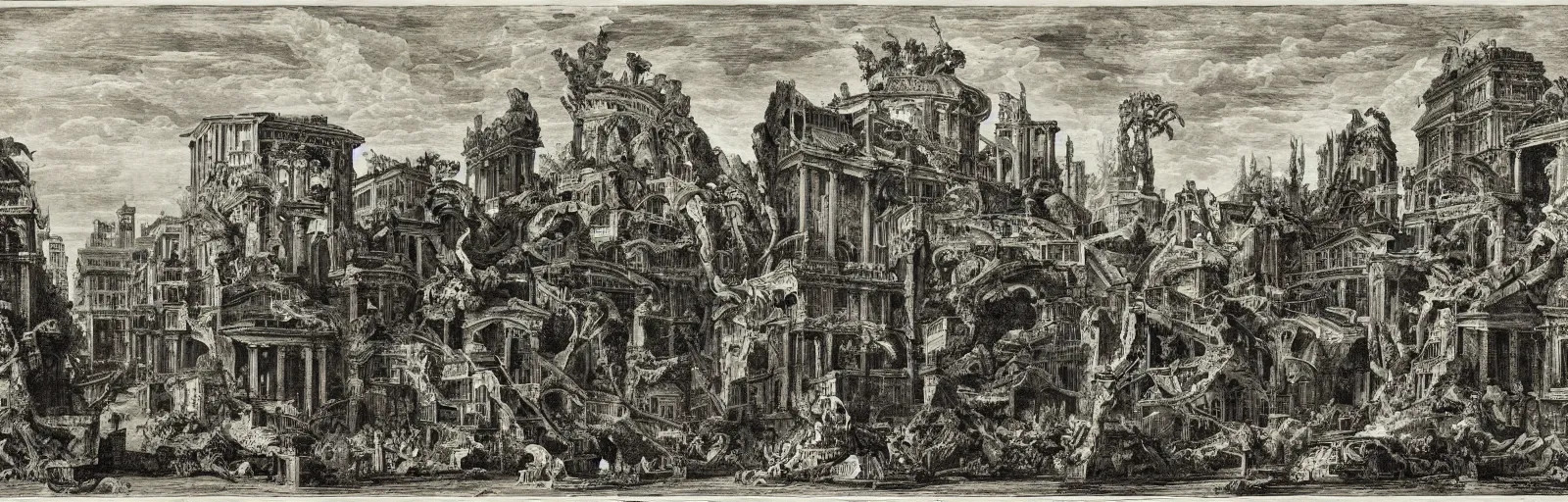 Image similar to a imaginative and theatrical architectural landscape, etching by giovanni battista piranesi