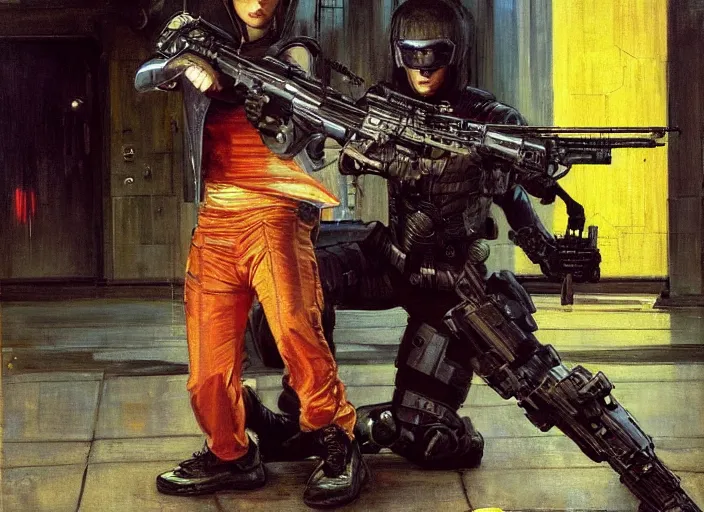 Image similar to Sophia evades sgt Griggs. Athletic Cyberpunk hacker escaping Menacing Cyberpunk police trooper griggs. (dystopian, police state, Cyberpunk 2077, bladerunner 2049). Iranian orientalist portrait by john william waterhouse and Edwin Longsden Long and Theodore Ralli and Nasreddine Dinet, oil on canvas. Cinematic, vivid colors, hyper realism, realistic proportions, dramatic lighting, high detail 4k