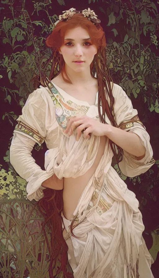 Image similar to elegant, cute girl portrait with open chest white ancient clothes by Alphonse Mucha, and Octane Render