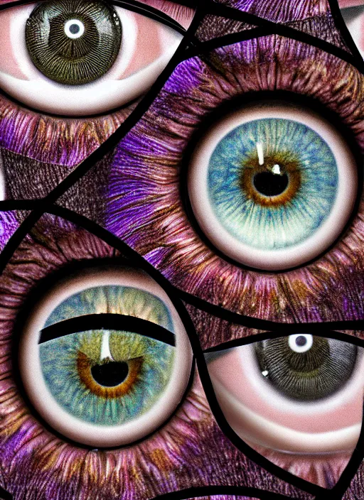 Prompt: montage, human irises!, happy smiling, centered thin ring iris, detailed textures, eyelashes, advanced art, art styles mix, from wikipedia, wet relections, hd macro photograph, grid of eye shapes