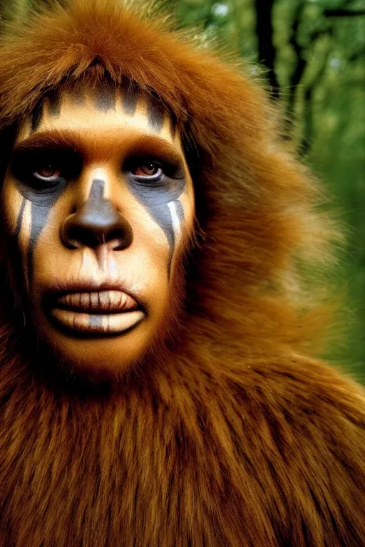 Prompt: a professional portrait photo of a neanderthal woman forest, face paint, ginger hair and fur, extremely high fidelity, natural lighting, national geographic magazine cover, still from the movie quest for fire