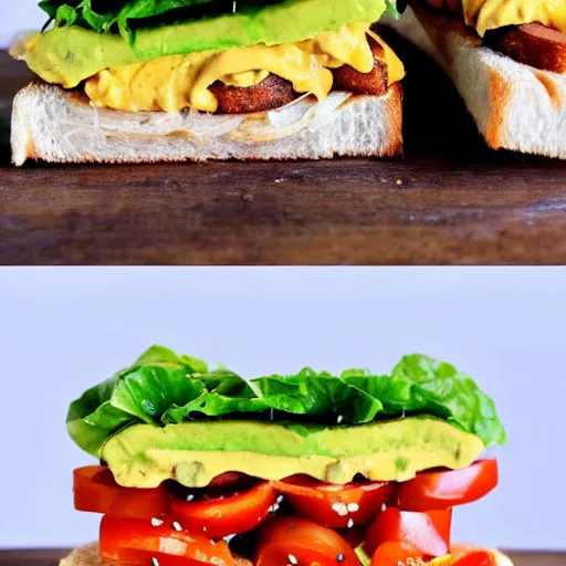 Image similar to sandwich with fried tofu, one red tomato slice, mayo, onion, avocado, melted cheddar, in a red dish, background saturn and stars in the sky