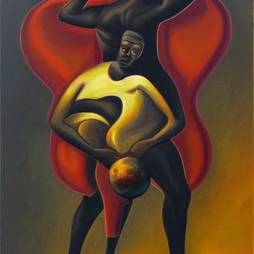 Image similar to a surrealist oil painting of a black man depicted as atlas, struggling to continue carrying the weight of the world, in the style of jean - marquett