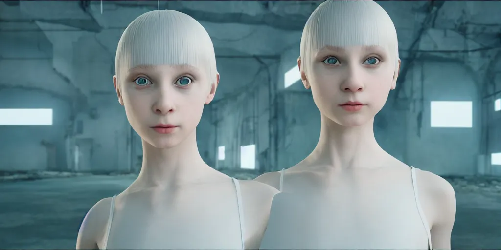 Image similar to russian ballerina with white bob cut and sweet face dances in an abandoned factory, studio ghibli, epic, realistic traits, photographic render, octane render, many lights, ridley scott bladerunner mood