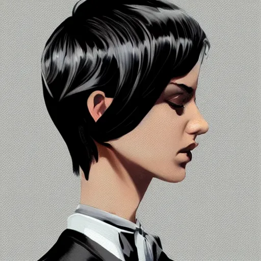 Image similar to girl in tuxedo with black chaotic wavy short haircut, elegant, 2d, ultra highly detailed, digital painting, smooth, sharp focus, artstation, art by Ilya Kuvshinov