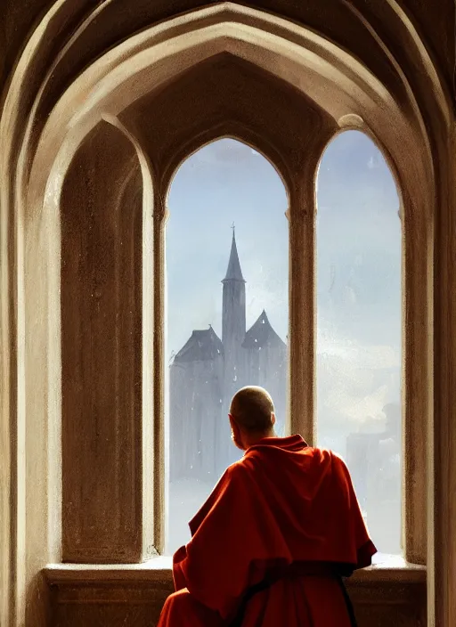 Prompt: oil painting of a medieval dominican monk in robes, looking out of a monastery window contemplatively, a majestic cathedral in the background, digital art, artstation, cinematic, golden hour, digital art painting by greg rutkowski