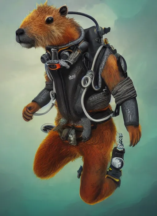 Image similar to detailed full body concept art illustration oil painting of an anthropomorphic capybara scuba-diver in full intricate clothing, biomutant, ultra detailed, digital art, octane render