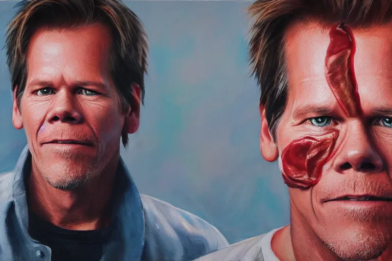 Image similar to an ultra realistic painting of kevin bacon, bacon rasher wrapped around his face, 8 k, cinematic, movie still