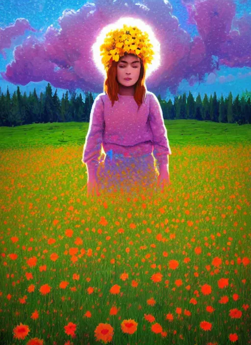 Image similar to girl with flower face, in a field with flowers, hills, big trees, sunrise dramatic light, impressionist painting, colorful clouds, digital painting, pointillism, artstation, simon stalenhag, flower head