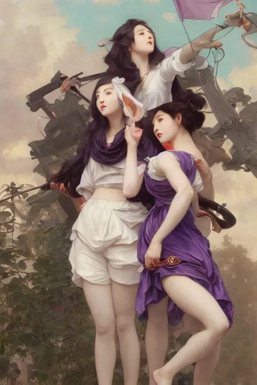 Prompt: Full View of Eunha from Viviz and gFriend wearing a purple military uniform and puffy silk shorts and white leggings. masterpiece 4k digital illustration by Ruan Jia and Mandy Jurgens and Artgerm and william-adolphe bouguereau, award winning, Artstation, art nouveau aesthetic, Alphonse Mucha background, intricate details, realistic, panoramic view, Hyperdetailed, 8k resolution, intricate art nouveau