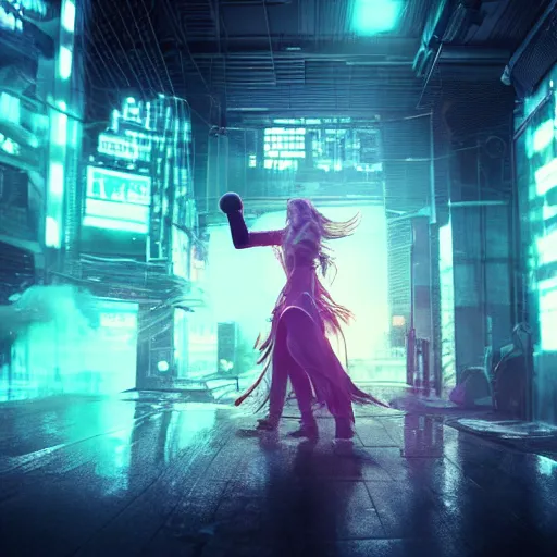 Image similar to a girl like (yoona, Elle Fanning), punching in a bag, background cyberpunk city, kpop, fullshot, photo, volumetric lighting, epic composition, intricate details, dark neon punk, by KDA