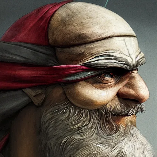 Image similar to teenage mutant ninja turtle, michelangelo, old, white beard, wrinkles, handsome, portrait, profile, intricate, detailed, volumetric lighting, scenery, digital painting, highly detailed, artstation, sharp focus, illustration, concept art, ruan jia, steve mccurry