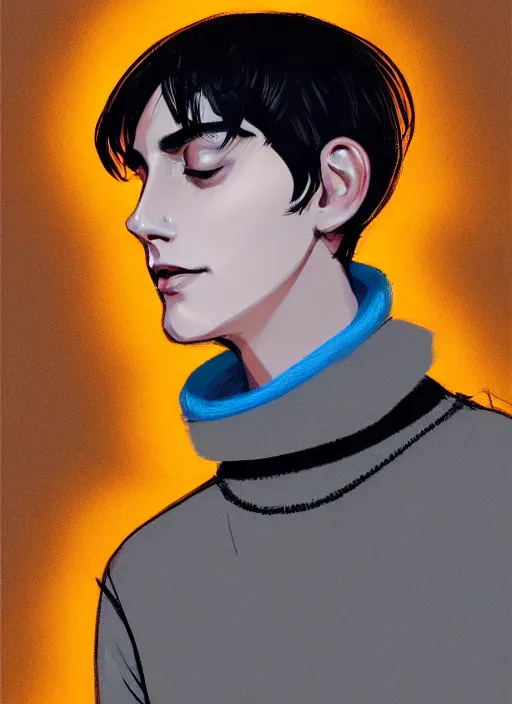 Image similar to portrait of teenage jughead jones wearing a light grey crown, crown, blue turtleneck, 1 9 5 0 s, closed eyes, photorealistic, black hair, glowing lighting, intricate, elegant, glowing lights, highly detailed, digital painting, artstation, concept art, smooth, sharp focus, illustration, art by wlop, mars ravelo and greg rutkowski