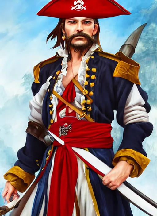 Image similar to a pirate king, old - trimmed uniform with a red sash around his waist, stern expression, blue eyes. portrait. sun rays. hd, 8 k. anime. final fantasy concept art. artwork by wen yu li, art by wen yu li.