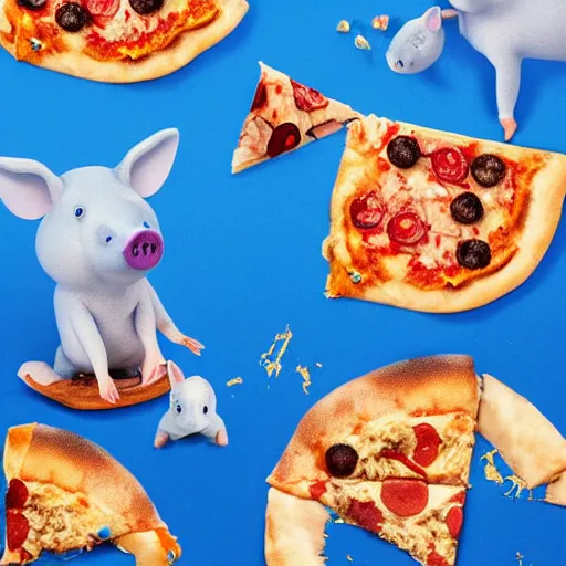 Image similar to blue pigs eating pizza on a cloud, soft lighting, intricate, high detail, 8 k